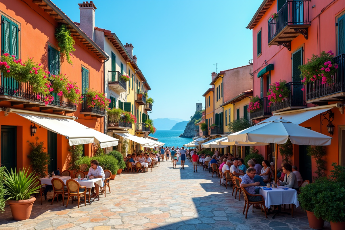 Rue animée dans une ville méditerranéenne colorée