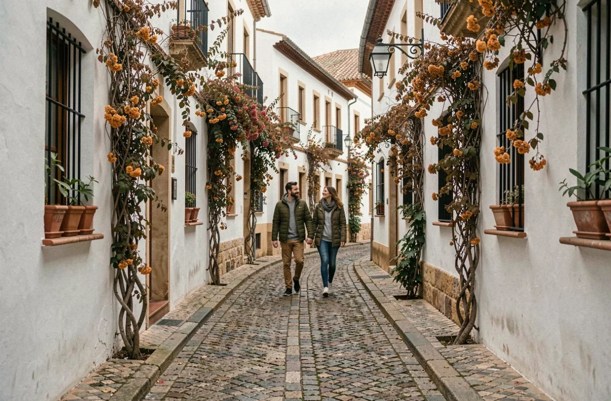 Ruelle pavée du Barrio Santa Cruz à Séville en hiver, couple se promenant parmi les murs blancs et les lanternes en fer forgé