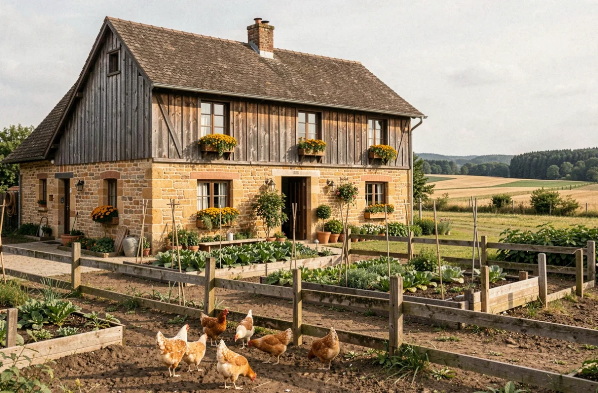 Ferme alsacienne de S'Bürehiesel à Schillersdorf, avec potager, poules en liberté et façade en pierres et colombages