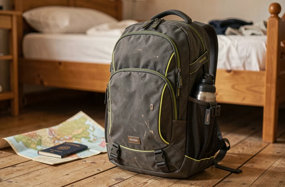 Sac à dos de voyage idéal pour nomade numérique posé dans une chambre d'auberge de jeunesse