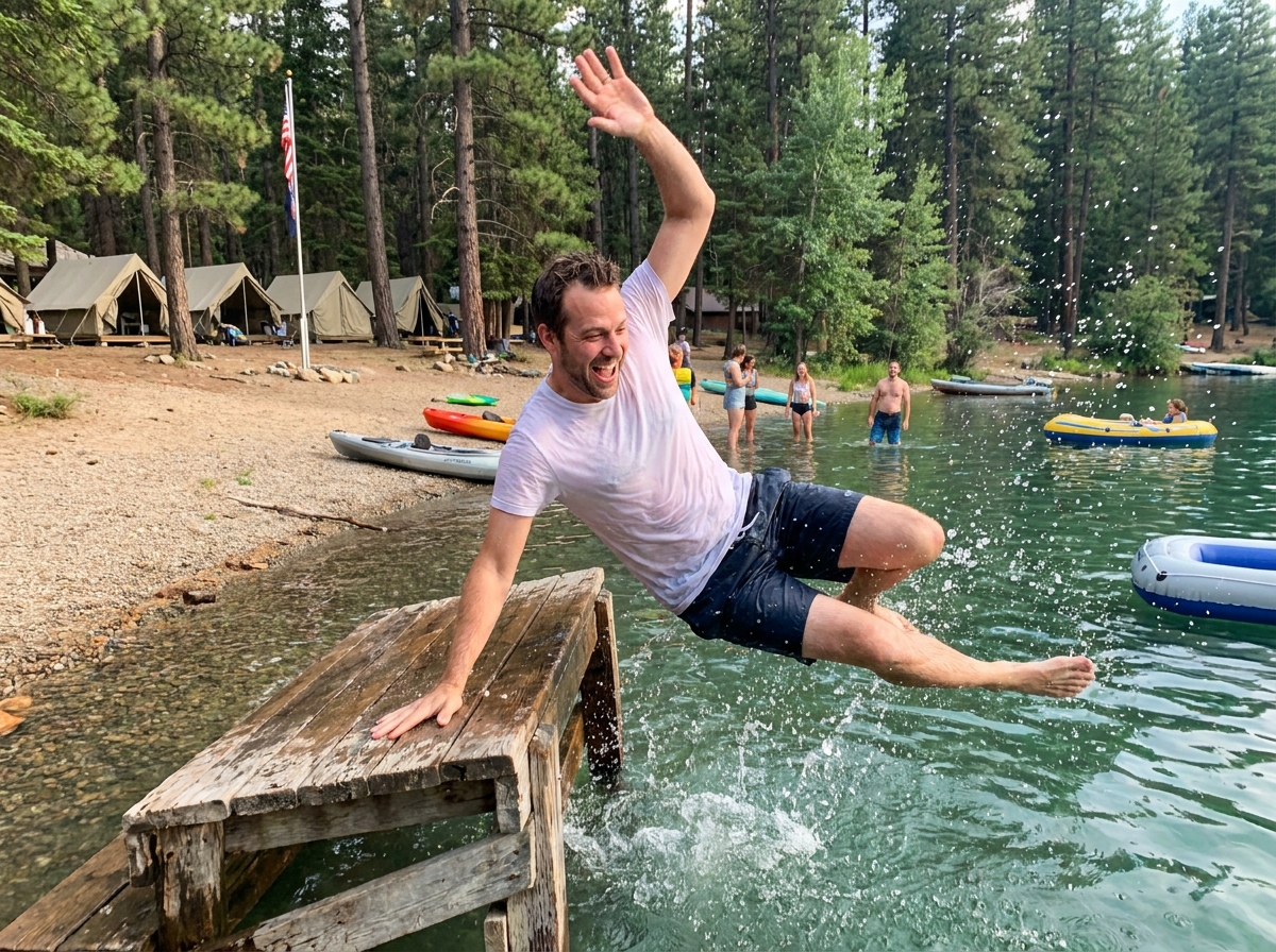 Homme sautant d'un plongeoir en bois dans un lac transparent lors d'une baignade en camping d'été