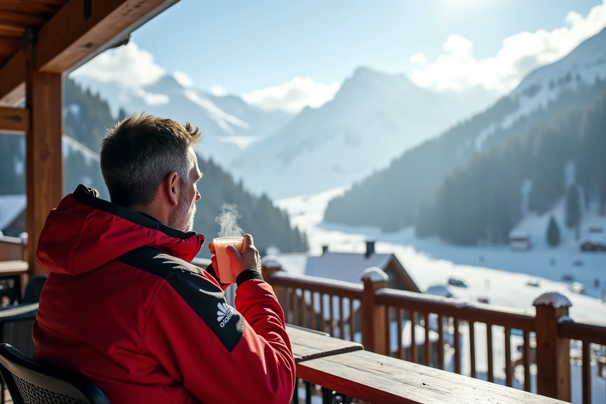 Skieur en pause sur une terrasse de restaurant d'altitude avec vue sur le téléphérique du domaine Paradiski