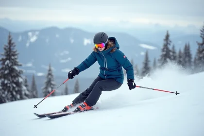 Skieuse sur les pistes de La Plagne avec vue panoramique sur le domaine Paradiski