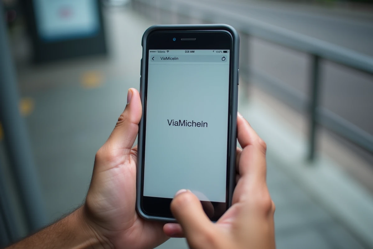 Gros plan sur un smartphone affichant une URL suspecte similaire à ViaMichelin dans un navigateur mobile en pleine rue