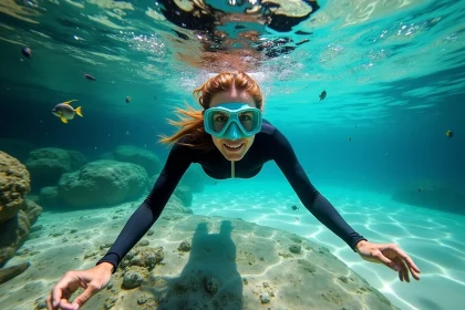Femme en train de faire du snorkeling &agrave; Cala d'Orzu au-dessus d'un fond rocheux m&eacute;diterran&eacute;en avec poissons color&eacute;s et herbiers de posidonie