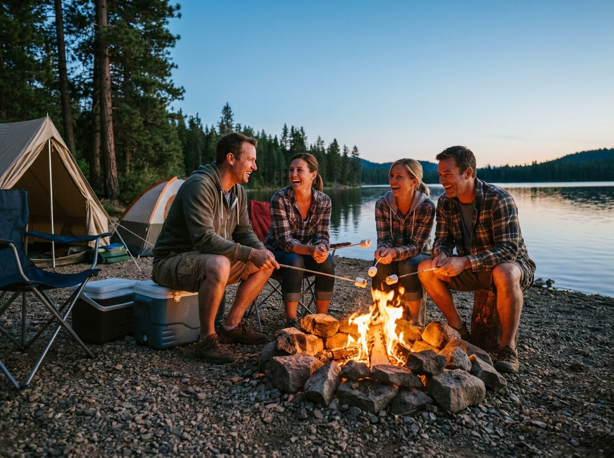 Groupe d'amis autour d'un feu de camp sur la rive d'un lac en soirée d'été dans un camping en plein air