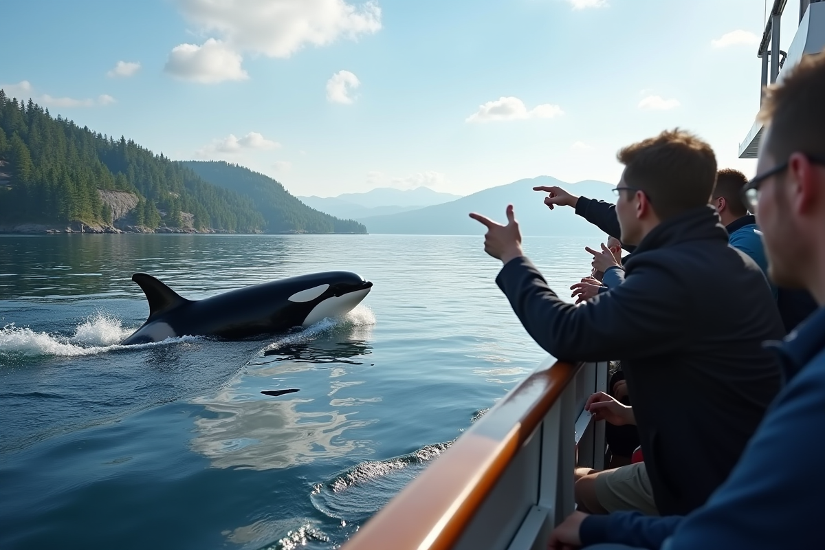Gens regardant des orques depuis un bateau en mer calme