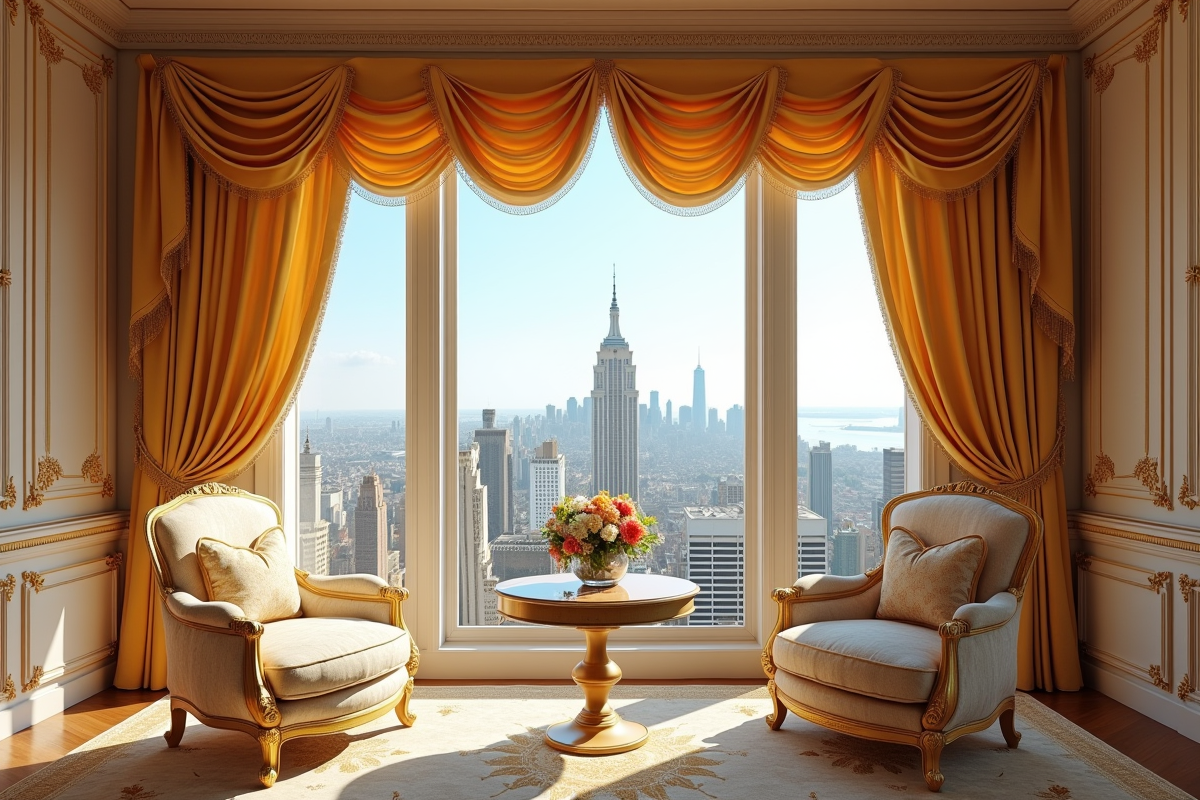 Suite somptueuse de palace français avec vue sur la ville en journée
