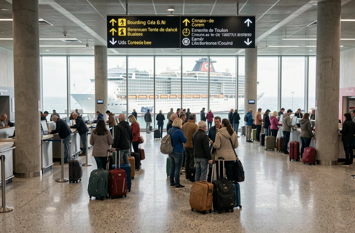 Terminal de croisière de Toulon avec des passagers en train d'embarquer et vue sur le navire
