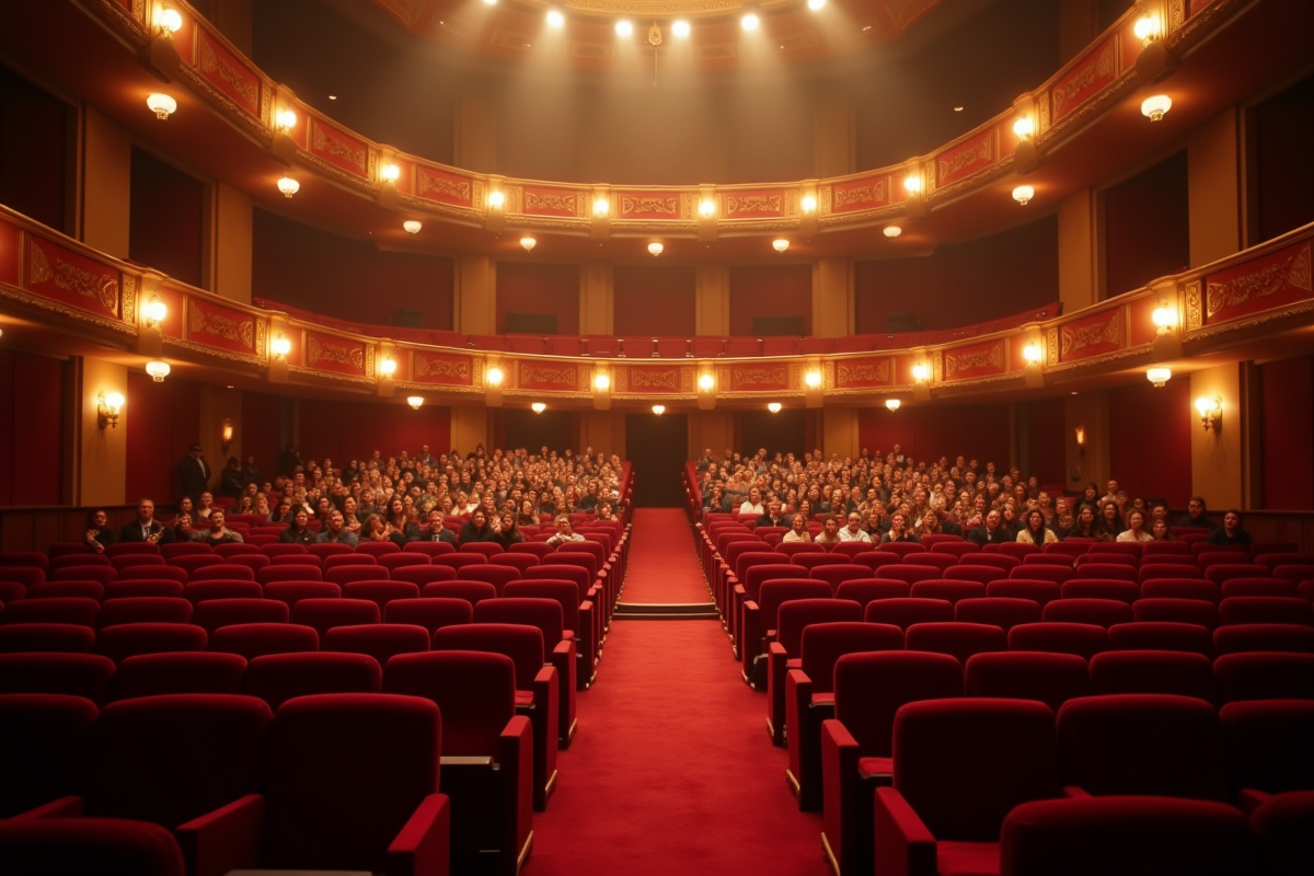 Auditorium de théâtre élégant vu de la scène avec sièges rouges et public