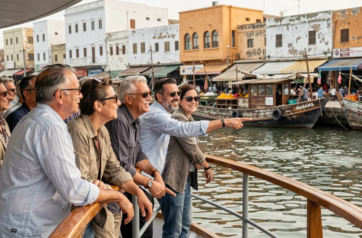 Touristes profitant d'une croisière sur la Crique de Dubaï au départ de Deira, avec les quais historiques en fond