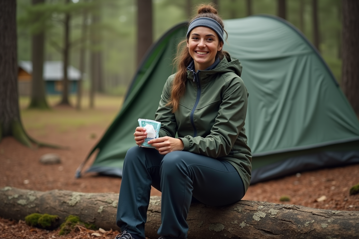 Femme utilisant des lingettes biodégradables en camping