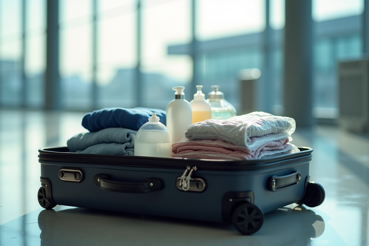Valise ouverte sur le sol de l'aéroport avec vêtements et liquides