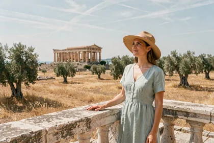 Femme en robe de lin contemplant la Vallée des Temples d'Agrigente en Sicile lors d'un premier voyage