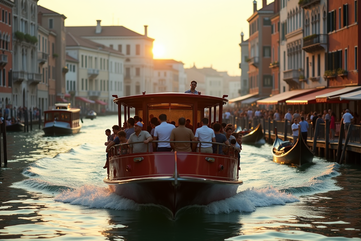 Vaporetto bondé naviguant dans un canal de Venise ensoleille