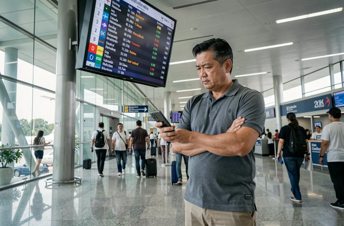 Homme vérifiant un billet gratuit Thaïlande sur son téléphone face au tableau des départs d'un aéroport international