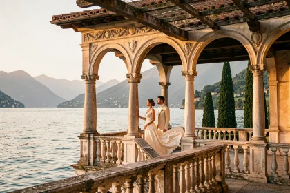 Couple en tenue de mariage sur la loggia de la Villa del Balbianello au lac de Côme, décor utilisé dans Star Wars