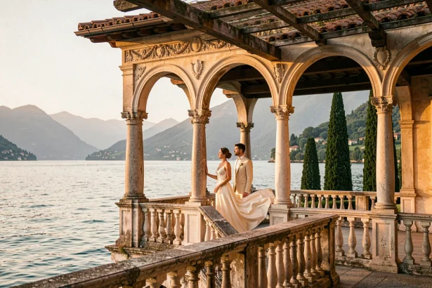 Couple en tenue de mariage sur la loggia de la Villa del Balbianello au lac de Côme, décor utilisé dans Star Wars