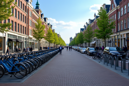 Rue animée aux Pays-Bas avec de nombreux vélos stationnés
