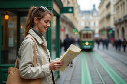 Femme éco-responsable consultant une carte devant un arrêt de tram à Bruxelles avec architecture Art Nouveau