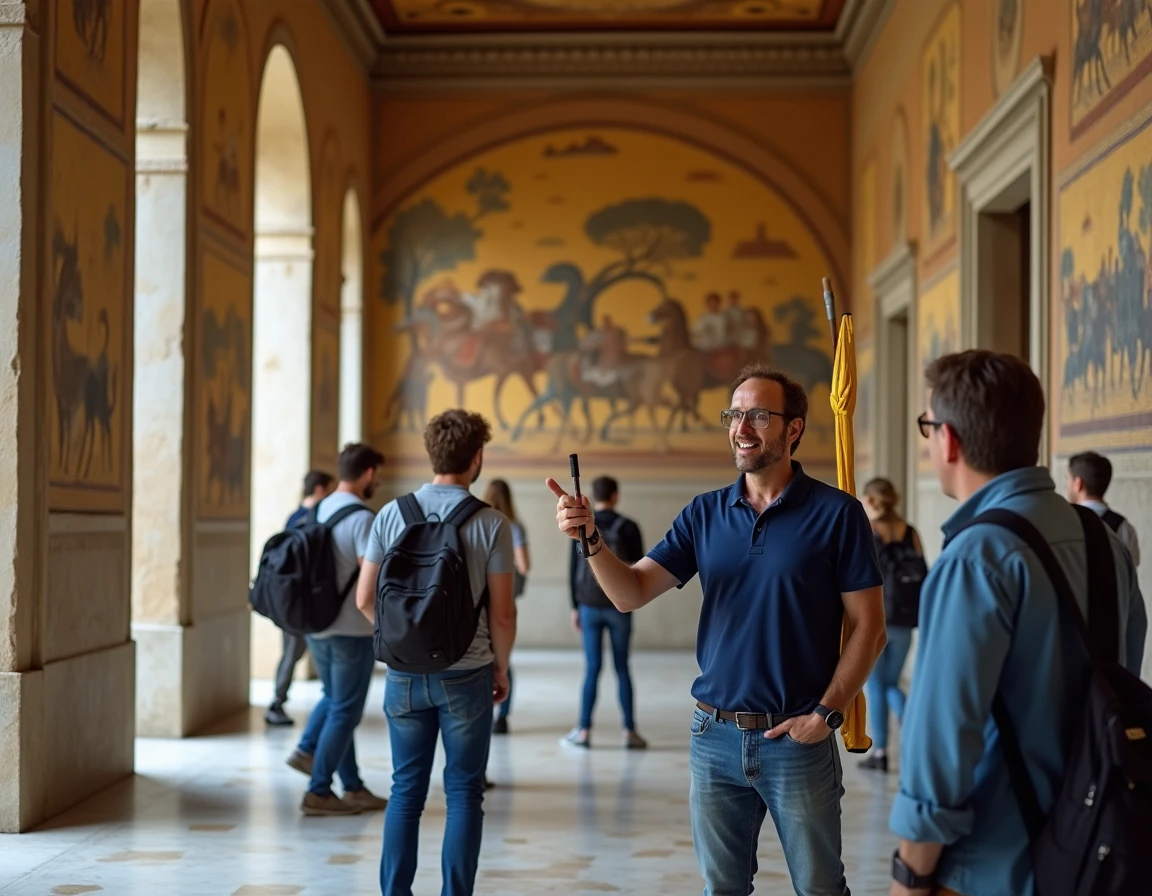 Guide touristique professionnel animant une visite guidée dans la Salle de Roger du Palais des Normands à Palerme avec un groupe de touristes