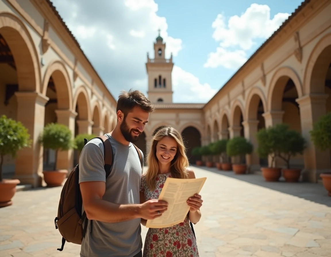 Couple en visite libre consultant une carte dans la cour intérieure du Palais des Normands à Palerme avec l'architecture normande arabo-byzantine en arrière-plan