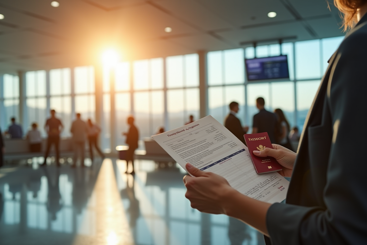 Voyageur à l'aéroport avec passeport et billet en main