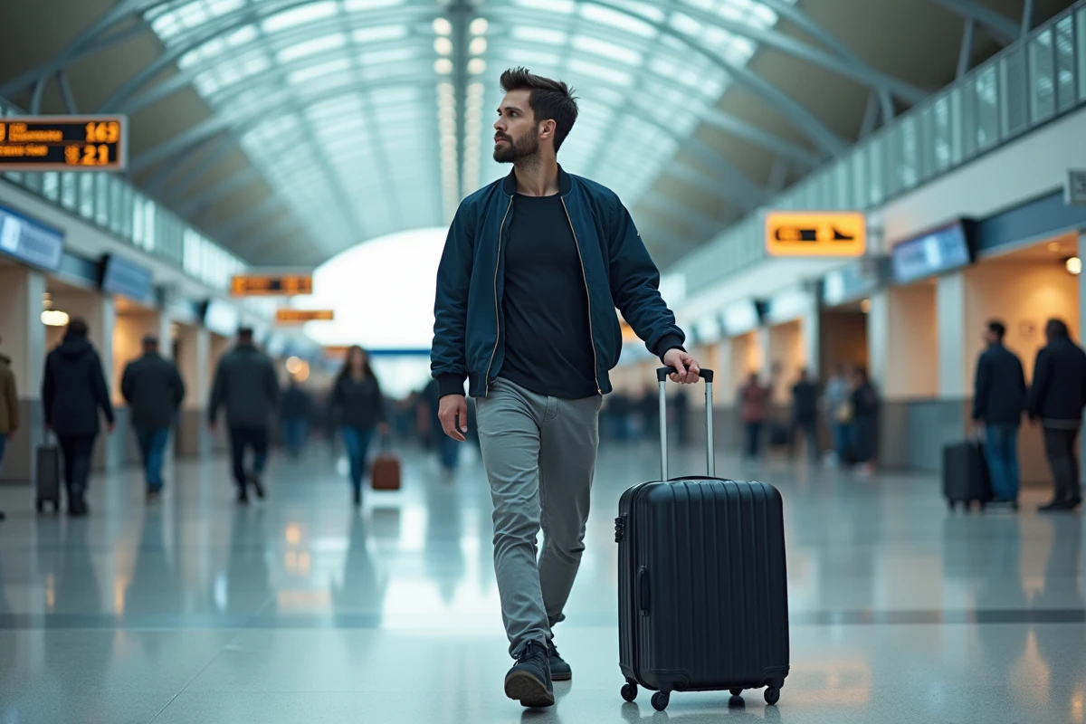 Voyageur en partance à l'aéroport Paris Charles de Gaulle avec un bagage cabine, consultant le tableau des départs