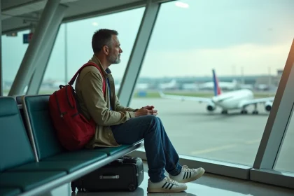Homme d'&acirc;ge moyen dans un a&eacute;roport en attente