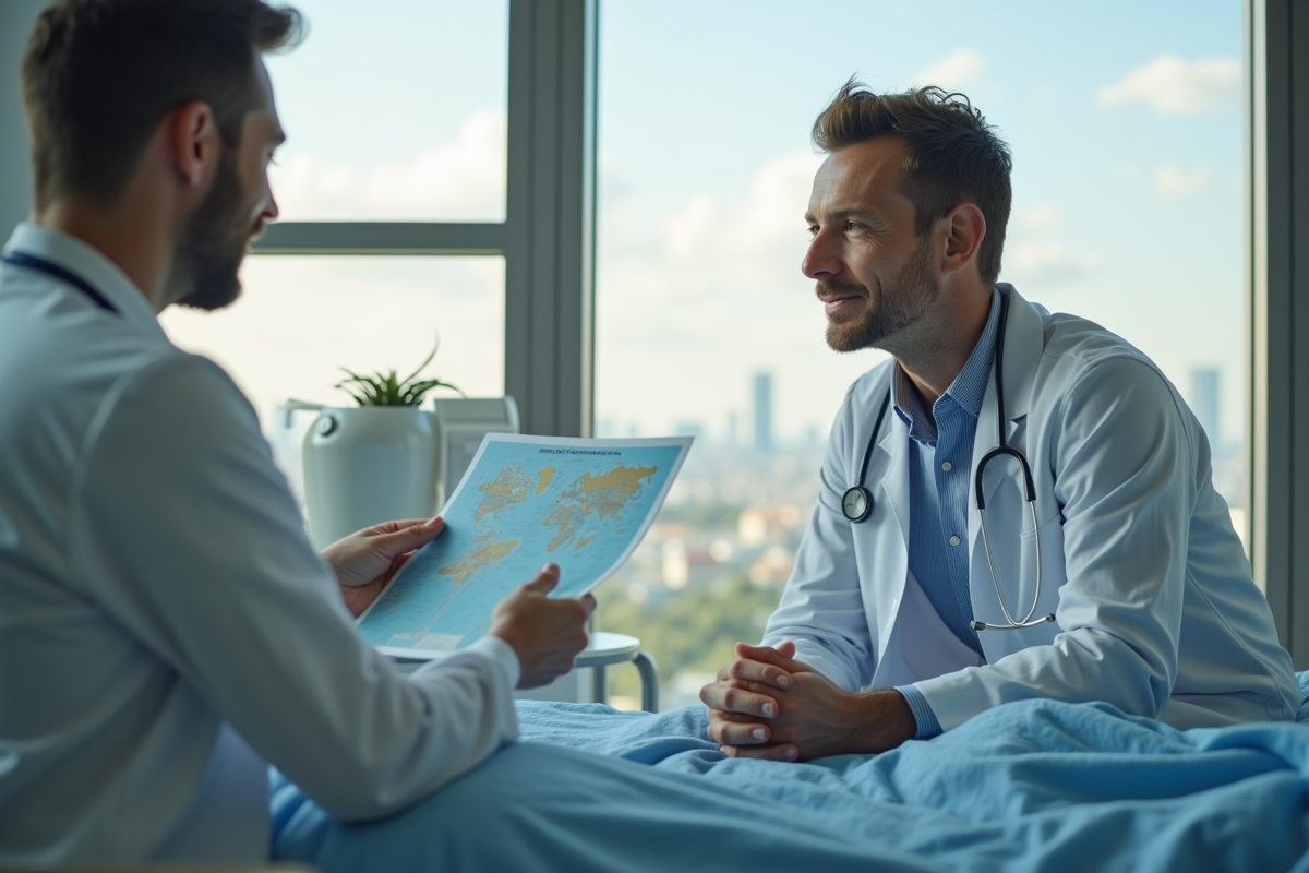 Voyageur rassuré par un médecin dans une chambre d
