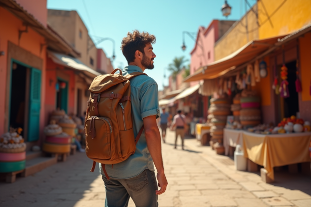 Voyageur avec sac à dos dans un marché coloré et animé