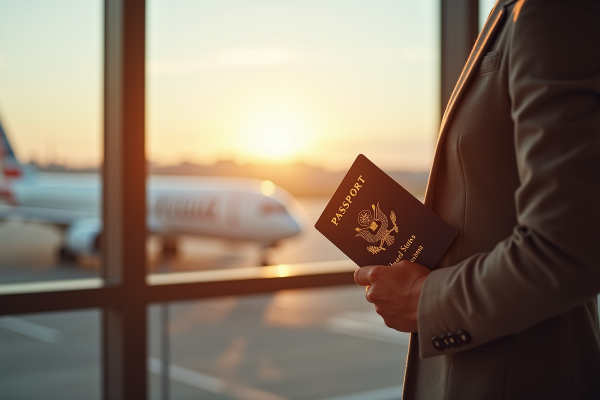 Voyageur tenant un passeport aux Etats-Unis près d'un avion