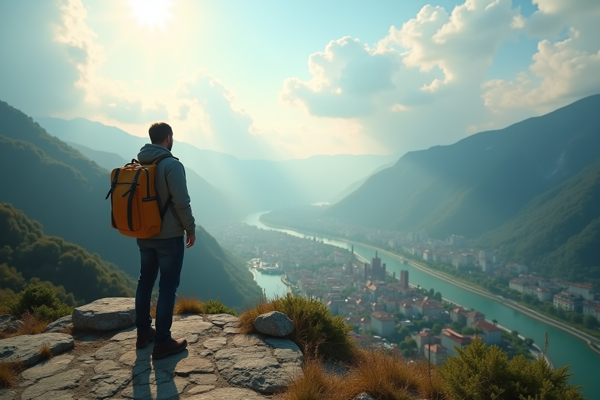 Voyageur seul avec sac à dos sur un point de vue avec vue sur la vallée