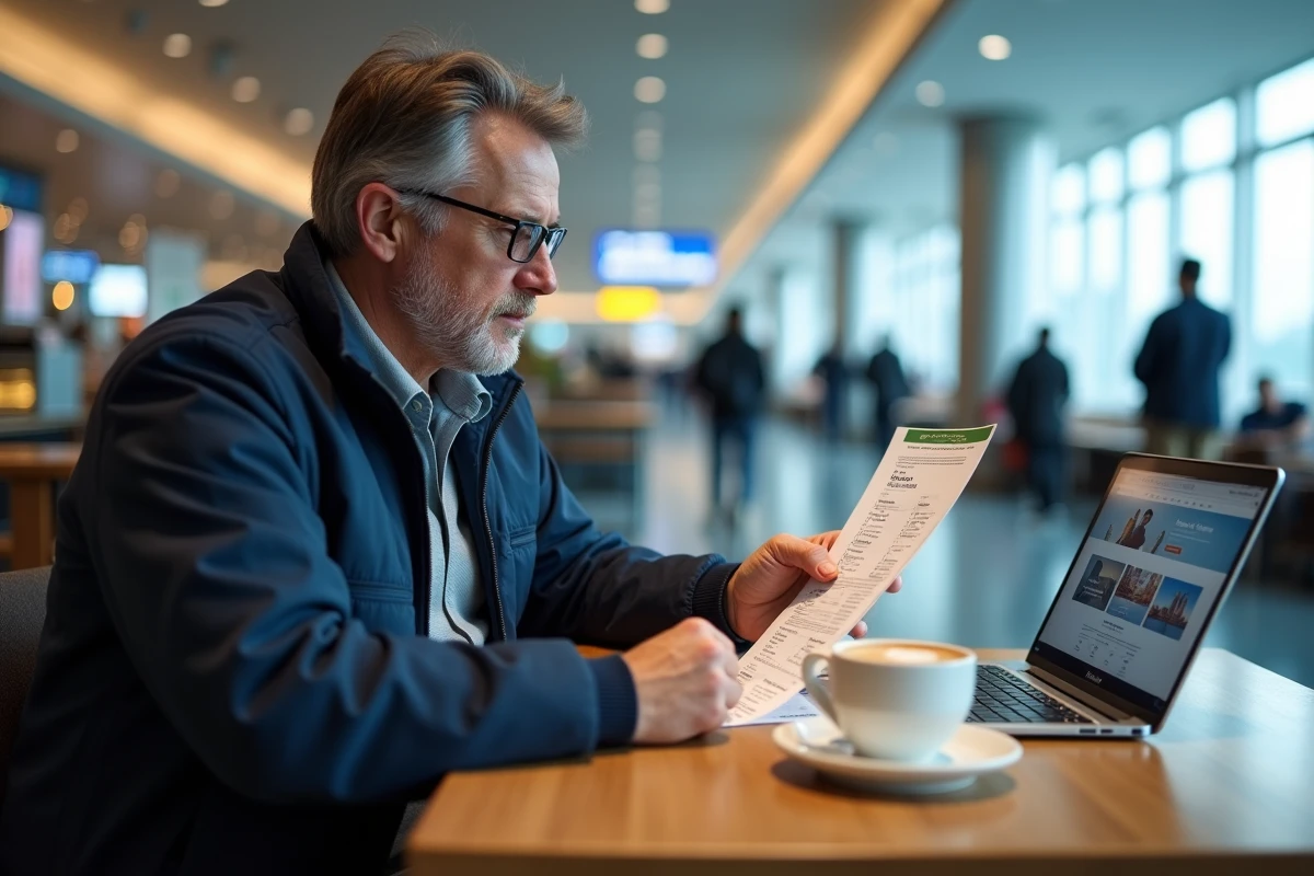 Voyageur consultant son programme de fidélité Transavia et son itinéraire de vol dans un salon d'aéroport