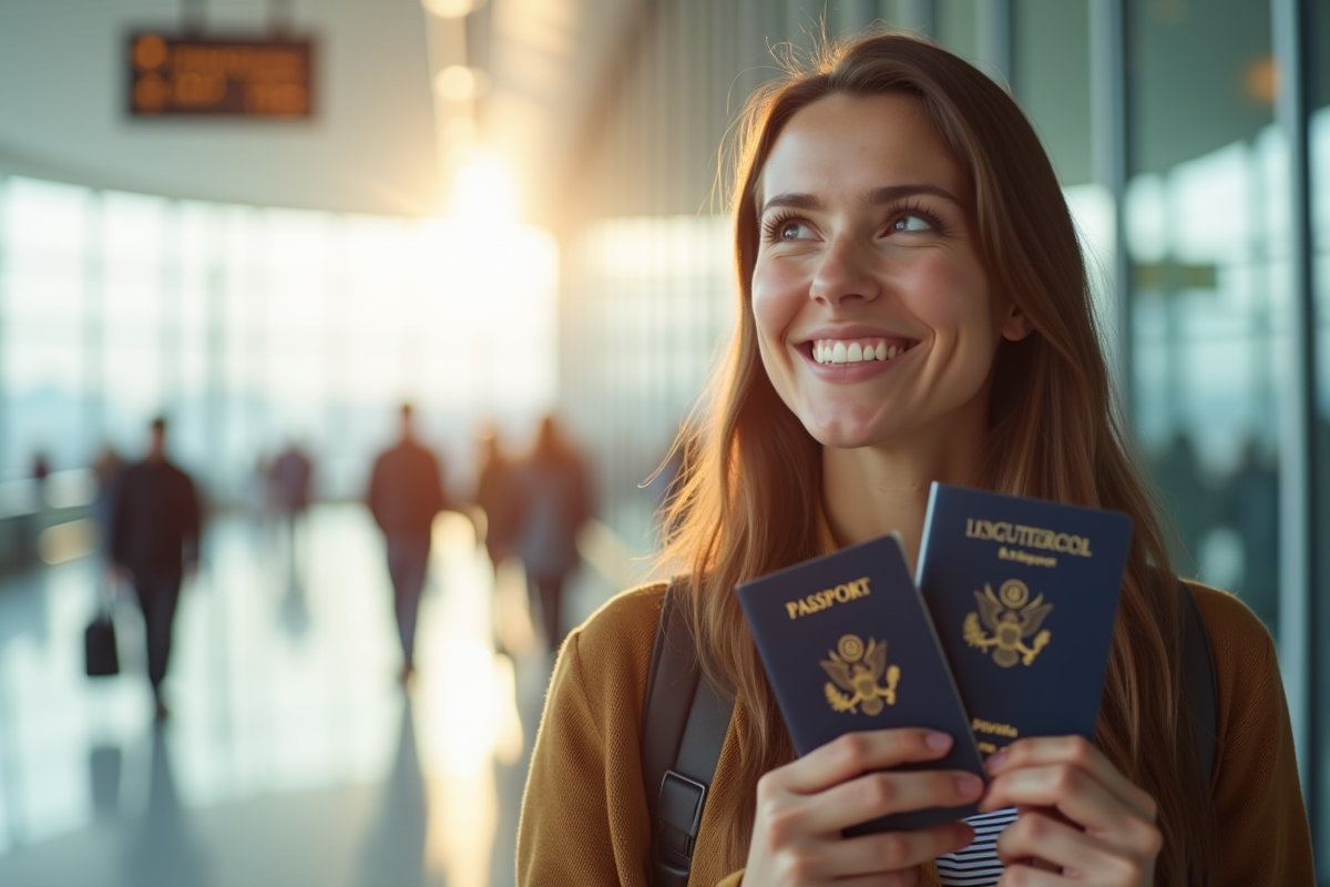 Voyageur tenant son visa et passeport à l'aéroport