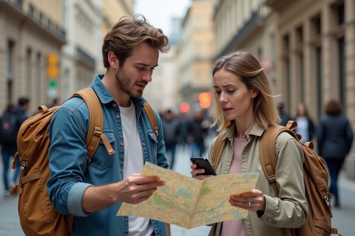 Deux voyageurs comparant une carte papier et une application d'itinéraire numérique en ville, erreurs de navigation fréquentes