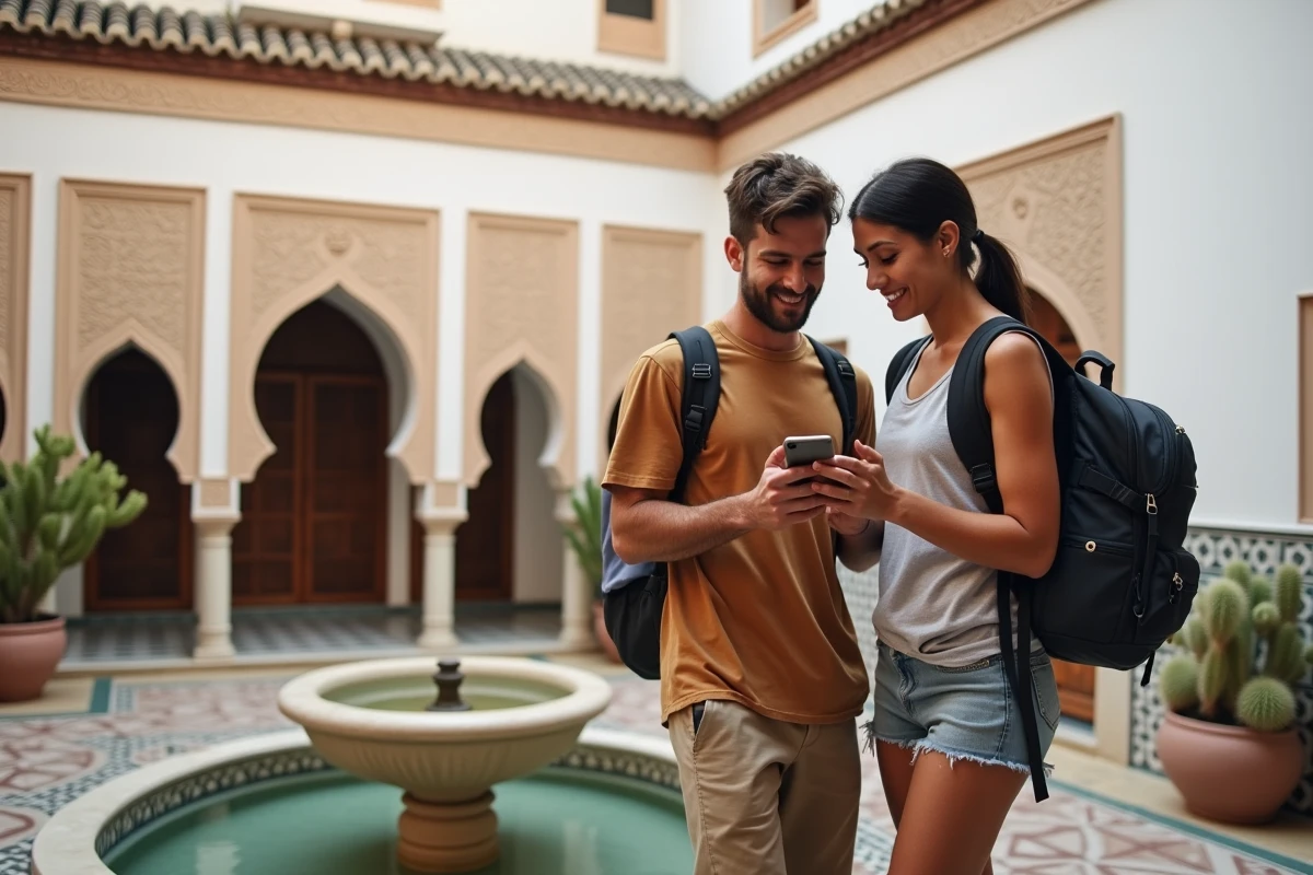 Deux voyageurs comparant les options d'eSIM et de forfait mobile dans un riad marocain traditionnel avant leur séjour