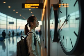 Voyageuse fatiguée observant l'horloge dans un terminal d'aéroport international lors d'un voyage Paris Dubaï, illustrant le décalage horaire