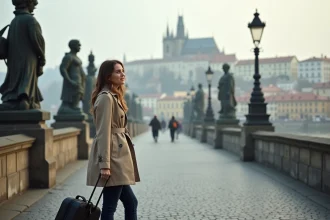 Voyageuse sur le pont Charles à Prague avec une valise, vue sur le château en arrière-plan au petit matin