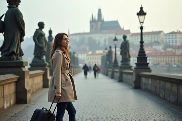 Voyageuse sur le pont Charles à Prague avec une valise, vue sur le château en arrière-plan au petit matin
