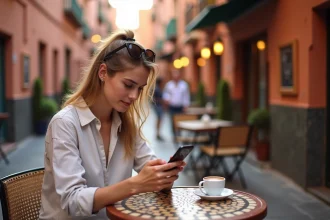 Jeune femme consultant son smartphone dans un café en plein air à Marrakech, comparant les forfaits mobiles pour voyager au Maroc