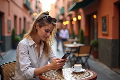 Jeune femme consultant son smartphone dans un café en plein air à Marrakech, comparant les forfaits mobiles pour voyager au Maroc