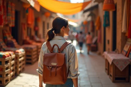 Voyageuse solo explorant un marché authentique à l'étranger avec un sac à dos en cuir, immersion culturelle lors d'un voyage Aguila OneStrip