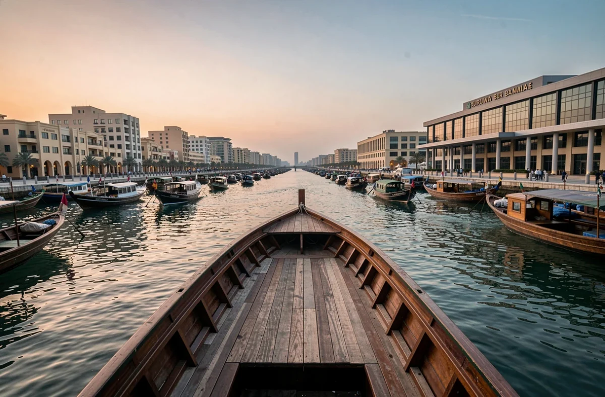 Vue panoramique de la Crique de Dubaï depuis un abra au crépuscule, avec le front de mer de Deira et Bur Dubai visibles