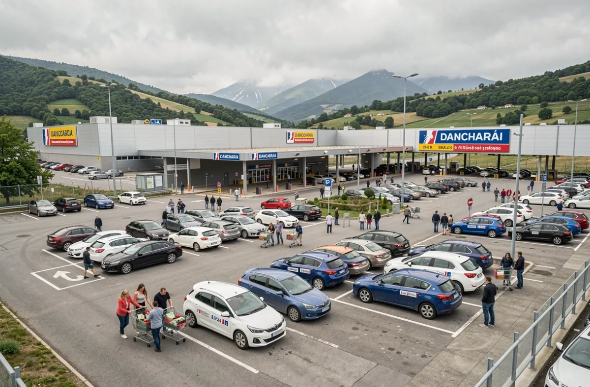 Vue panoramique du parking et de la zone commerciale frontalière de Dancharia avec des voitures françaises et des familles faisant leurs courses en Espagne