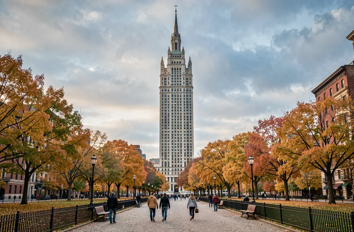 Vue panoramique du Woolworth Building depuis City Hall Park en automne, avec la couronne gothique se découpant sur un ciel nuageux