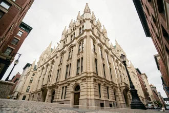 Vue en contre-plongée de la façade gothique en terre cuite du Woolworth Building à Manhattan, avec gargouilles et contreforts sculptés