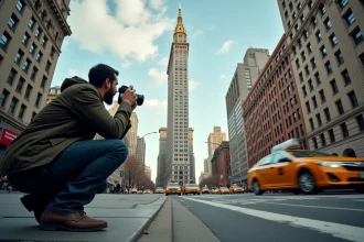 Photographe accroupi sur Broadway capturant la façade gothique du Woolworth Building de New York en contre-plongée dramatique