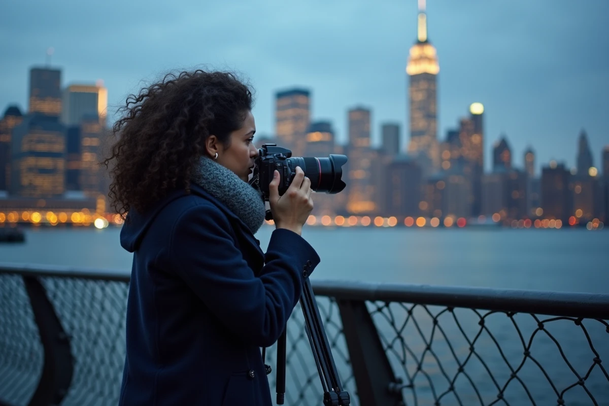 Photographe face à la skyline de Manhattan depuis la promenade de Jersey City avec le Woolworth Building visible au crépuscule
