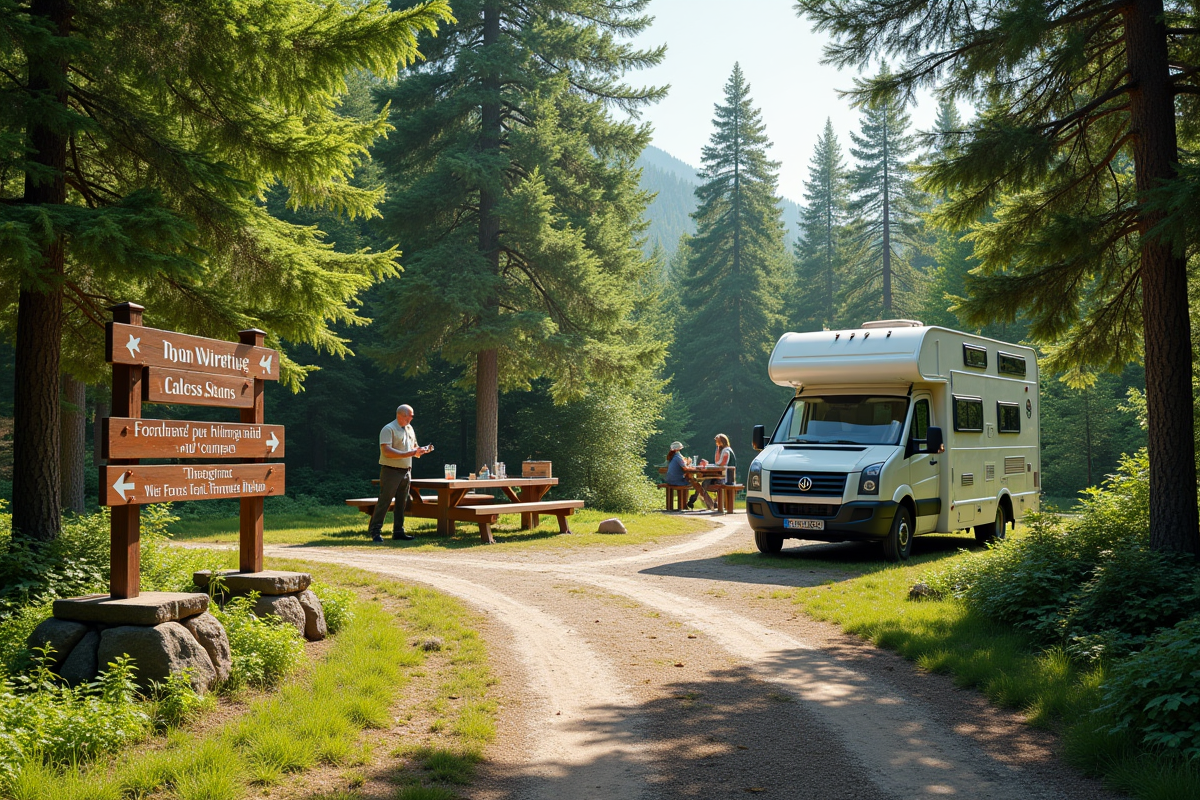 Espace de camping avec panneau et ranger expliquant les règles